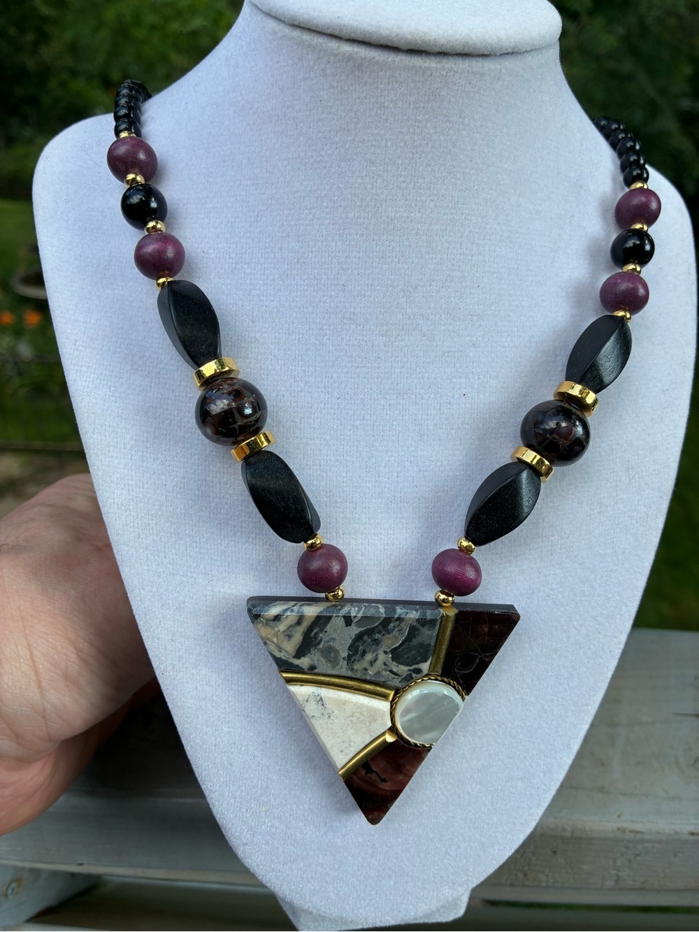 Vintage 80’s Statement Triangle Pendant Necklace with Agate and Mother of Pearl